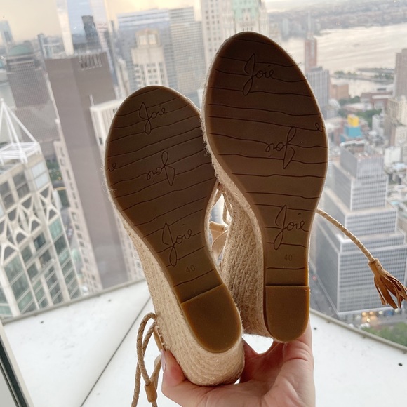 Joie Delilah Tan Suede Leather Lace-Up Tassel Espadrille Wedge Heel Sandals - Picture 3 of 5